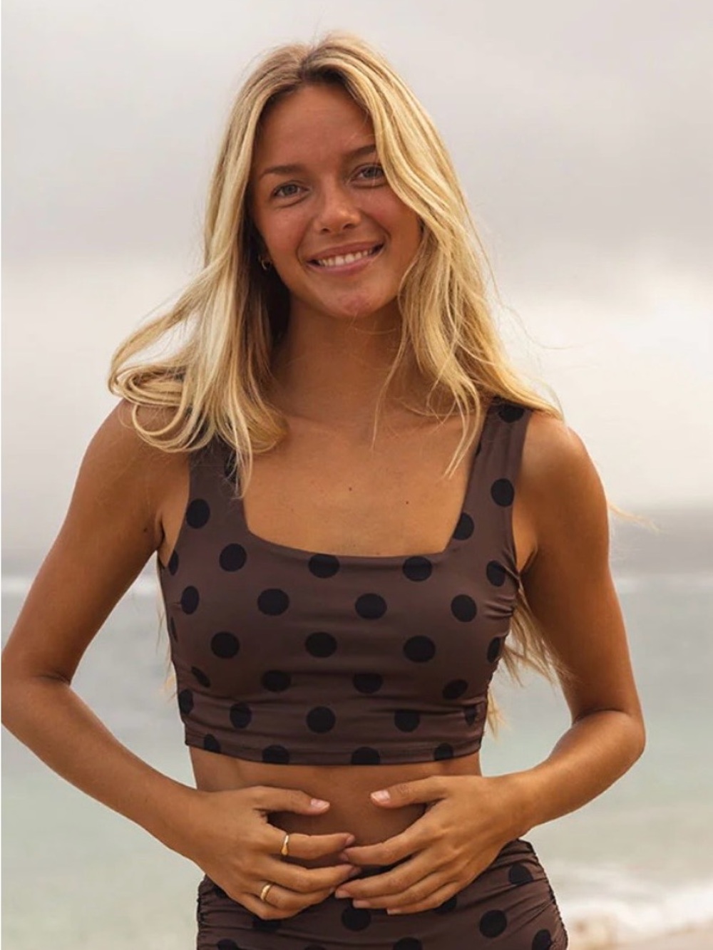 Brown Polka Dot Scoop Crop Bikini Top